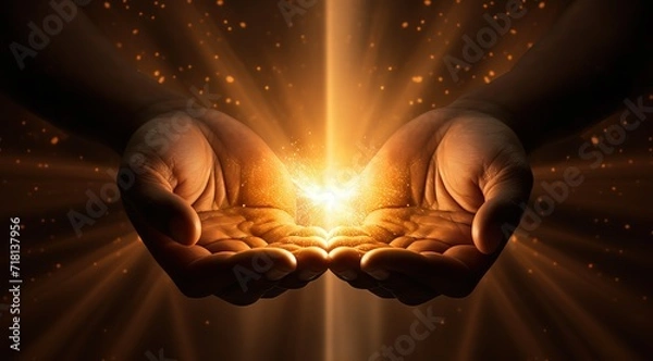 Fototapeta Both hands emit a bright shining light. generative AI