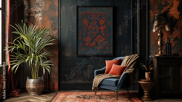 Fototapeta Vintage dark interior with a soft armchair and bright fabric pillows with ornaments. Carpet and a home plant on the floor and a picture on a black shabby wall. Mockup.