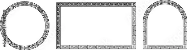 Fototapeta Greek monochrome ornament frames in various shapes. Classic reek motif border frames set. 3 black ornamental in ethnic style borders. Circle, rectangle, arc.