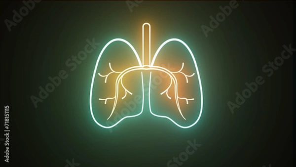 Fototapeta Glowing red and bright blue neon human lung animated video. Human respiratory system, lungs, anatomy, and animation. Bright neon line Lungs icon isolated on black background.