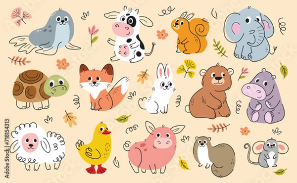 Fototapeta Set of cute hand drawn animals. Adorable friendly rabbit, bear, turtle, fox, squirrel, elephant, hippopotamus and cow. Wild baby beasts. Cartoon flat vector illustrations isolated on beige background