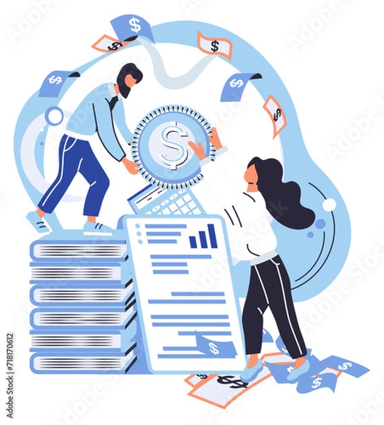 Fototapeta Financial accounting vector illustration. Account ledgers accurately track all financial transactions and balances Strategic investments play pivotal role in financial growth Metaphors in financial