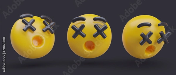 Fototapeta Composition with emoji in different positions. Face with crossed eyes. Emoticon with shock and scared reaction. Vector illustration in 3d style with black background