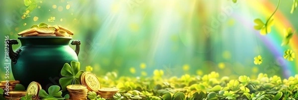 Fototapeta Pot of gold coins on green background for st patrick's day