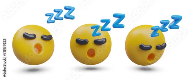 Fototapeta Set of realistic sleeping emoticons. Yellow head closed its eyes and snored. Comic character yawns. Time to sleep. Boring, uninteresting. Modern icons