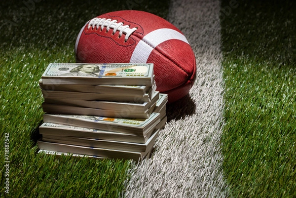 Obraz Football and a pile of one hundred dollar bills on a grass field with stripe and dark background