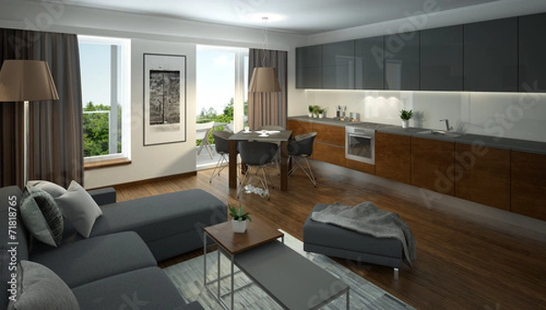 Obraz rendering of a modern living room with open kitchen