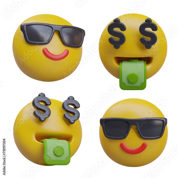 Fototapeta Smiley in sunglasses with mouth full of money. Cool dude. Unexpected wealth, profit. Dollar signs instead of eyes. Set of vector realistic images in different positions
