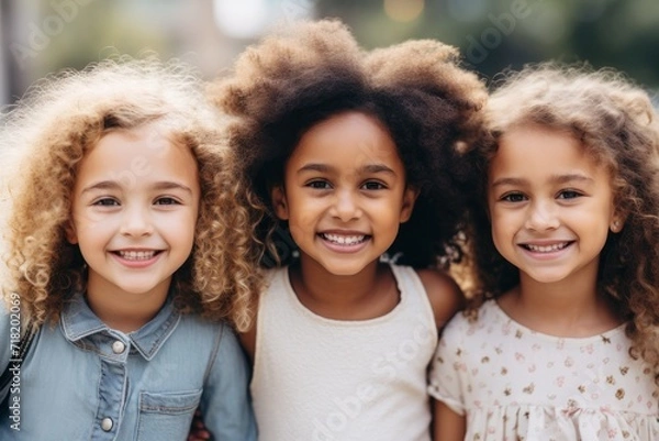 Fototapeta  three little girls standing next to each other with their hair in the middle of their face and smiling at the camera, with one girl with curly hair in the middle of the.