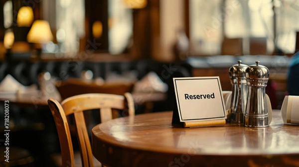 Fototapeta A sign on the table in a restaurant that says "Reserved"