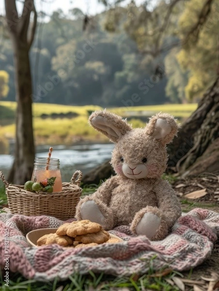 Fototapeta A beloved teddy bear cozily sits under a tree, surrounded by the warm hues of autumn leaves, enjoying a basket of freshly baked cookies in the great outdoors