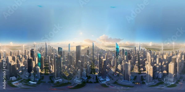 Obraz Full 360 degrees seamless spherical panorama HDRI equirectangular projection of aerial  view over town. Texture environment map for lighting and reflection 3d scenes. 3d background illustration.	