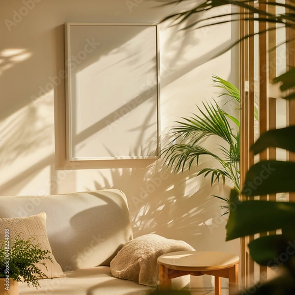Fototapeta Blank white poster frame mock up template, living room interior in fusion style with white sofa, white walls and green plants. Play of light and shadow
