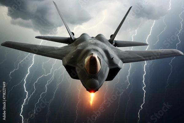 Fototapeta Modern stealth fighter plane. Flight in formation, flyby and landing, take off bombing, dog fight, firing missile.