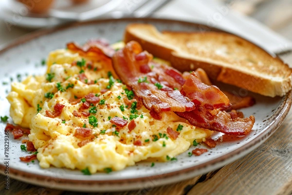 Fototapeta Scrambled eggs bacon and toast on the side,