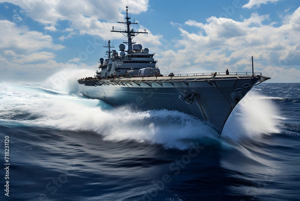 Fototapeta Photo of USS latest technology nuclear powered aircraft carrier anchored in deep blue open ocean