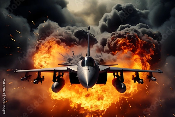 Fototapeta Modern stealth fighter plane. Flight in formation, flyby and landing, take off bombing, dog fight, firing missile.