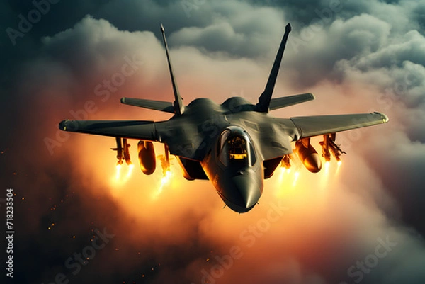 Fototapeta Modern stealth fighter plane. Flight in formation, flyby and landing, take off bombing, dog fight, firing missile.