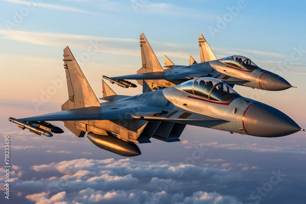 Fototapeta Modern stealth fighter plane. Flight in formation, flyby and landing, take off bombing, dog fight, firing missile.