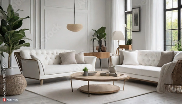 Fototapeta Clean Lines, Cozy Vibes: White Sofa and Armchairs Define a Scandinavian-inspired Living Space