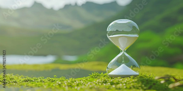 Obraz Hourglass in front of a nature background, spring and vacation atmosphere, time passing, environmental issues, responsible environmental dates, Ecological concept