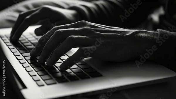 Fototapeta A person focusedly working on a laptop computer, typing on the keyboard.