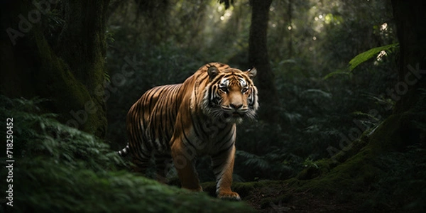 Fototapeta Tiger's piercing gaze ignites a thrill in the heart of darkness. Cinematic, primal, captivating.