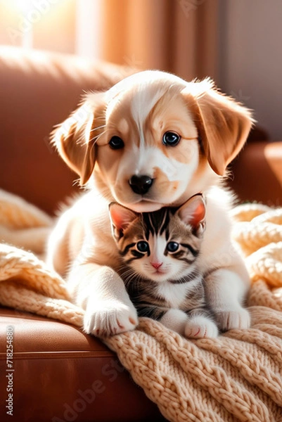 Fototapeta Cute kitten and a cute puppy other on the sofa, covered with a knitted blanket.