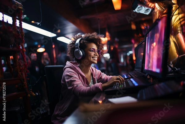 Fototapeta Radio program hosted by a woman with glasses and curly hair, Smiley girl, 