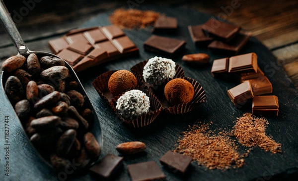 Fototapeta Four handmade chocolate candies on spatula on blackstone stand in heart shape. Closeup chocolate candies with cocoa beans, nuts around	
