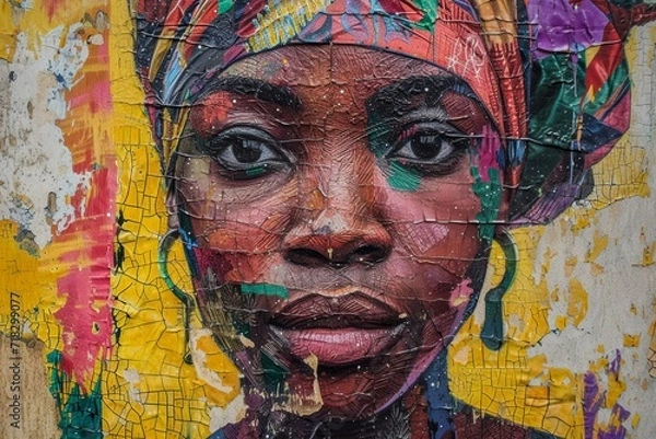 Obraz A vibrant and thought-provoking modern portrait of a woman, intricately crafted with a fusion of street art and traditional painting techniques using bold strokes of acrylic paint