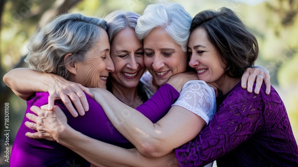 Fototapeta Four 40-50 year old women in purple and white top hugging each other for menopause supplement advertisement 