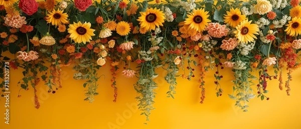 Obraz sunflowers and daisies hanging against solid colour backdrop