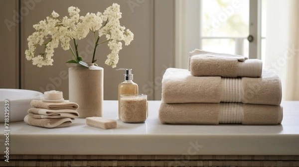 Fototapeta  a bunch of towels sitting on top of a counter next to a vase of flowers and a bottle of lotion.