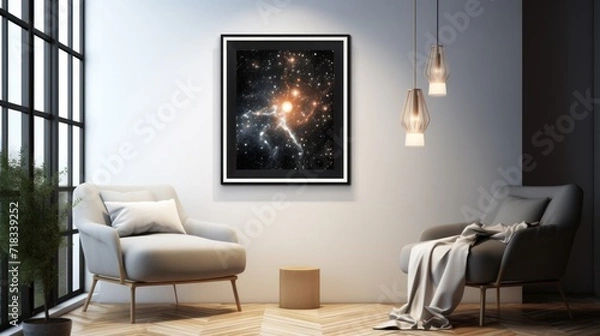 Fototapeta  a living room with two chairs and a picture of a star cluster in the middle of the room on the wall.