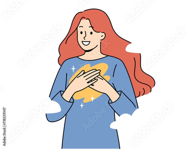 Fototapeta Woman feels harmony and happiness thanks to purity of soul and standing among clouds floating in sky. Concept of internal harmony helps to get rid of bad emotions that cause stress and depression