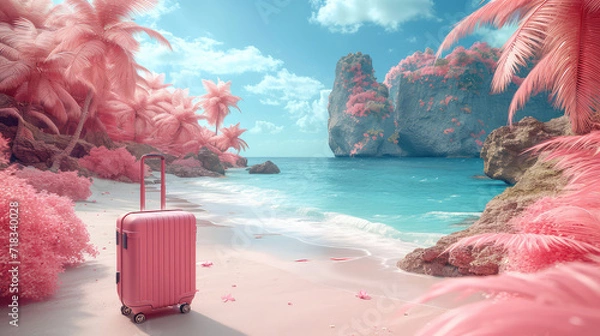 Fototapeta Fantasy pink beach with palm trees and suitcase.