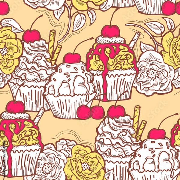 Fototapeta Tasty sweet cupcake dessert decorative seamless pattern for textile design, fabric print, digital or wrapping paper, wallpaper, background and backdrop, bakery shop decoration, cafe, restaurant menu.
