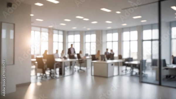 Fototapeta Blurred image of people in an office, city view through the window, soft focus, art labor council