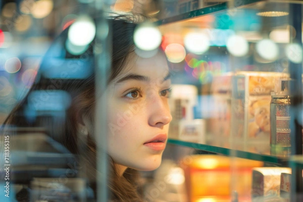 Fototapeta A curious woman gazes through the glass case, her human face reflecting in the portrait as she stands in front of the bustling street, mesmerized by the intricate building and the delicate eyelashes 