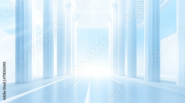 Obraz An image of an architectural symmetrical structure in the form of columns in white and blue tones with receding perspective and ideal rhythms. Generative AI