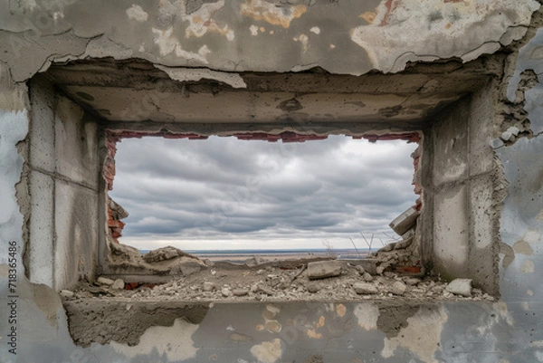 Fototapeta Collapsed roof concrete floor of abandoned building. Through hole in the ceiling overlooking the cloudy sky. Consequences of weather disasters