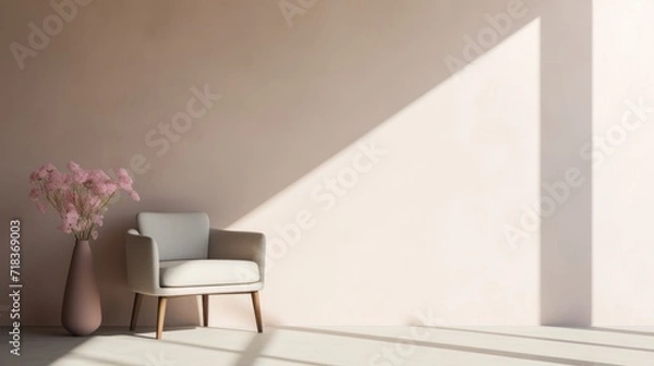 Fototapeta  a chair next to a vase with flowers in it and a vase of pink flowers in the corner of the room.