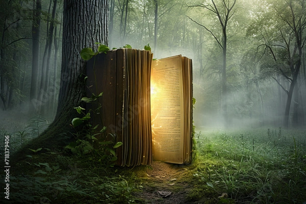 Fototapeta a book of fairy tales inside which there is a magical glowing door leading to a fairyland. forest foggy landscape.