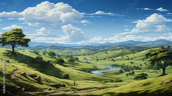 Obraz Serene Natural Beauty: Explore the Breathtaking Tapestry of Hills, Forests, and Meadows in Countryside Scenery, generative AI