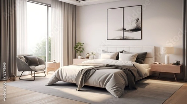 Fototapeta  a bedroom with a large window and a bed with a white comforter and a gray blanket on top of it.