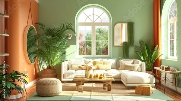 Fototapeta a bright Mediterranean Style living room in colors green sage and amber 