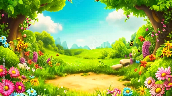 Fototapeta Cartoon Nature Illustration, Summer and Green Landscape, Sky and Background, Spring and Grass, Forest and Trees, Beauty and Environment, Colorful and Artistic Design