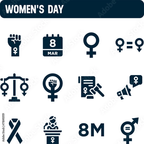 Fototapeta Women's day icons. March 8 vector set. Equal rights, suffrage and justice. Filled icon design.