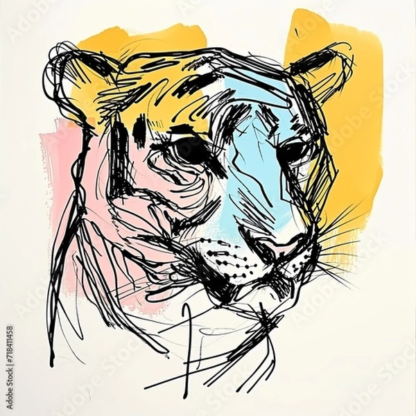 Fototapeta Five colours, Tiger illustration, black line drawn Tiger, poetic visual language, post-internet art, raw sketch, hand drawn, simple line drawing, art, arty, colourful sketch, avatar, coloring pages
